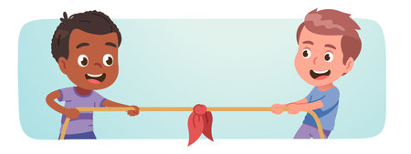 Friends boys children playing tug of war game. Happy Caucasian, African American kids persons competing pulling rope. Leisure entertainment fun, sports activity, rivalry flat vector illustrationのイラスト素材