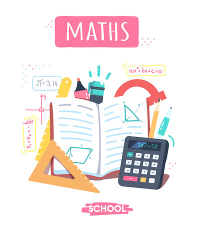 Maths school subject supplies for education. Book, pen, pencil, ruler, calculator, marker educational equipment for learning. Mathematics knowledge, study, teaching concept flat vector illustrationのイラスト素材