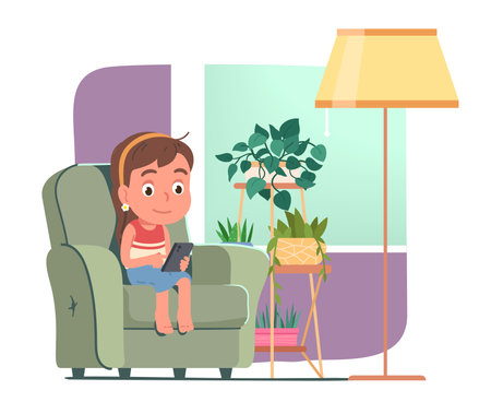 Girl child enjoying using mobile phone device at home. Kid person sitting in armchair holding smartphone cell. Gadget addiction, indoor leisure, communication technology flat vector illustrationのイラスト素材