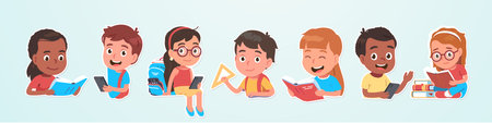 School students children with books, backpacks, mobile phones. Multiethnic kids boys, girls hold smartphones. Schoolgirls, schoolboys portraits, education, study flat vector illustration stickers setのイラスト素材