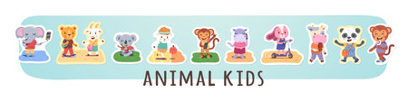 Kids animals cartoon characters summer activities stickers set. Funny children walking, listening to music, talking on mobile phone, riding scooter. Youth lifestyle concept flat vector illustrationのイラスト素材