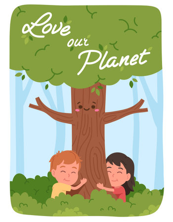 Kids embracing tree with Love our Planet lettering. Volunteers boy, girl children people hug animated trunk. Environment protection, ecology conservation concept poster flat vector illustrationのイラスト素材