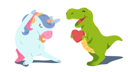 Funny smiling cute imaginary animals. Dancing unicorn, heart giving dinosaur. Tyrannosaurus Rex sharing his love fantasy. Viral marketing and social media animal characters concept vector illustrationのイラスト素材