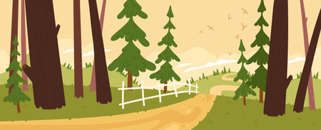 Path in summer forest nature with fir trees. Spruce woods with green grass, field landscape in background. Forest botany, beautiful environment, woodland wilderness scenery flat vector illustrationのイラスト素材