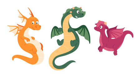Cute dragons animals set. Funny smiling child monsters cartoon characters collection. Childish fantasy reptile creatures. Ancient legend mythology beasts concept flat style vector illustrationのイラスト素材