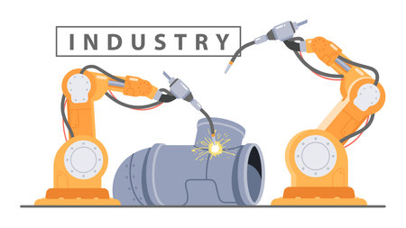 Industrial robot arms welding pipe. Automatic robotic hands working on assembly line. Innovation technology industry, manufacturing machinery equipment, production automation flat vector illustrationのイラスト素材