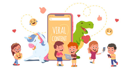 Kids sharing social media viral content on phones. Girls, boys children persons liking internet content on mobile smartphones. Viral content advertising marketing concept flat vector illustrationのイラスト素材