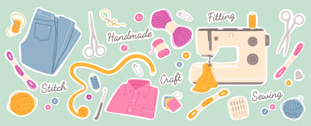 Needles, buttons sewing accessories set background. Thread, scissors, pin, spool, sewing machine equipment, fabric, clothing collection. Handmade tailoring hobby tools concept flat vector illustrationのイラスト素材