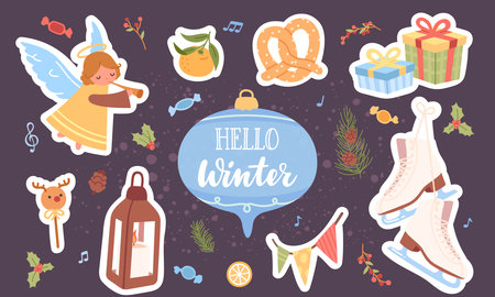Hello Winter lettering on Christmas background. Xmas bauble, gifts, angel, figure skates, fir tree twig, mistletoe decorations. Winter holiday concept decorative poster card vector illustrationのイラスト素材