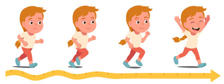 Fat woman exercising jogging to lose weight. Running obese person weight loss process stages. Girl training to become fit, slim. Sport, fitness, health, overweight concept flat vector illustrationのイラスト素材