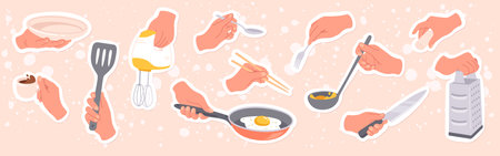 Cook hands holding kitchen utensils cooking set. Person hands preparing food with spoon, knife, pan, fork, cutlery tool collection. Kitchenware equipment, preparation gestures flat vector illustrationのイラスト素材
