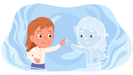 Girl kid aware of shadow personality. Child person meeting unconscious side of oneself. Self-acceptance, awareness, mental health, psychology, consciousness concept flat vector illustrationのイラスト素材