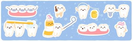 Teeth cartoon characters dentistry set. Healthy, unhealthy teeth brushing with toothbrush. Wisdom tooth, plaque, braces, dental floss. Medical health care, hygiene concept flat vector illustrationのイラスト素材