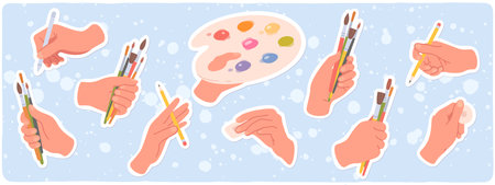 Artist hand holding brush, pencil, palette set. Painter hands with paintbrushes, paints education equipment stickers. Artistic school supplies, art hobby, creativity flat vector illustrationのイラスト素材
