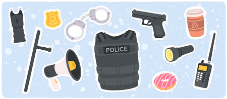 Gun, handcuff police equipment stickers set. Cop badge, bulletproof vest, radio, weapon, flashlight, baton, megaphone collection. Security, protection, officer profession flat vector illustrationのイラスト素材