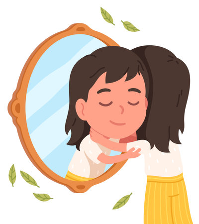Girl kid hugging her mirror reflection in love. Happy child person embracing loving herself. Self acceptance, self-esteem, mental health care, confidence, psychology concept flat vector illustrationのイラスト素材