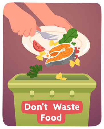 Dont waste food poster. Hands throwing away food from plate into garbage bin. International Day of Awareness of Food Loss and Waste, leftover disposal, recycling concept banner vector illustrationのイラスト素材