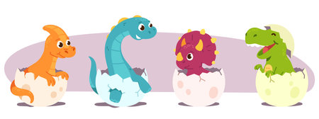 Cute baby dinosaurs hatching from egg set. Funny smiling new born prehistoric dino reptiles in shells collection. Jurassic period wild nature, little animal cartoon characters flat vector illustrationのイラスト素材