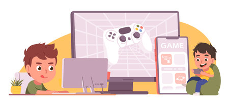 Cross-platform gaming on mobile phone, computer. Gamer boys kids persons playing video game together online on PC and smartphone cell device. Cross-platform play app concept flat vector illustrationのイラスト素材