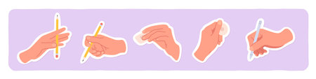 Hand holding pencil, pen, eraser sticker set. Human person hands writing, drawing collection. Education equipment, creativity, handwriting, office business work concept flat vector illustrationのイラスト素材