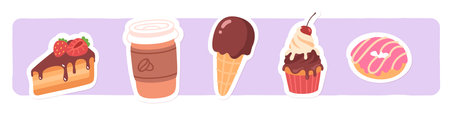 Tasty takeaway dessert meal stickers set. Fast food coffee drink cup, donut, sweet cake, chocolate ice cream, cupcake snack pastry. Unhealthy junk food breakfast, cafe menu flat vector illustrationのイラスト素材