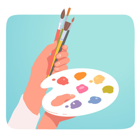 Artist hands holding brushes and palette sticker. Painter person hands with paintbrushes, paints painting equipment stickers. Artistic supplies, art hobby, creativity concept flat vector illustrationのイラスト素材