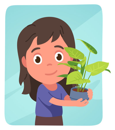 Happy florist girl kid growing pot plant sticker. Smiling child person holding caring about potted philodendron houseplant. Floral home decoration, gardening hobby, botany flat vector illustrationのイラスト素材