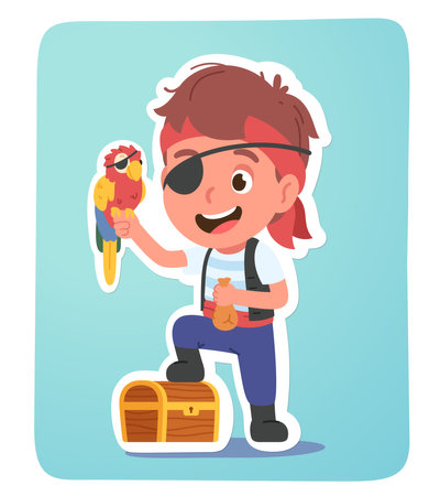 Boy kid in pirate costume sticker. Smiling child kid with parrot, treasure chest. Cute pirate captain person character, fantasy, adventure, childhood imagination concept flat vector illustrationのイラスト素材