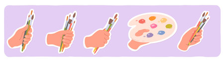 Artist hand holding paintbrush, palette set. Painter person hands with brushes, paints education equipment stickers. Artistic school supplies, art hobby, creativity flat vector illustrationのイラスト素材