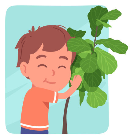 Happy boy kid growing plant sticker. Smiling child person caring about fiddle leaf fig domestic houseplant. Natural floral home decoration, gardening hobby, nature, botany flat vector illustrationのイラスト素材