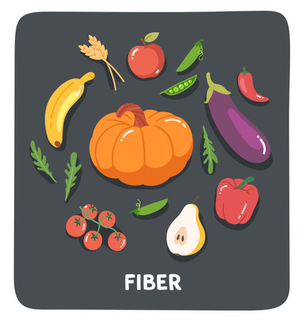 Fiber food group with vegetable, fruit set. Pumpkin, pea beans, apple, paprika, tomato, pear, whole wheat collection sticker. Healthy nutrition energy category, natural diet flat vector illustrationのイラスト素材