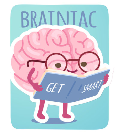 Brain character reading book, getting smart. Animated cartoon smart human brain in glasses studying sticker. Brainiac genius, intellect, education, knowledge concept flat vector illustrationのイラスト素材