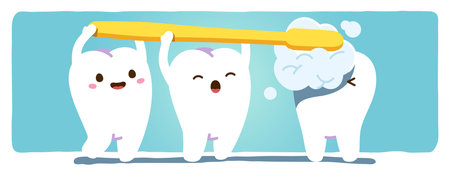 Brushing teeth cartoon characters hygiene. Funny clean molars brushing healthy tooth with toothbrush. Dentistry healthcare, medical health care, dental medicine concept. Flat vector illustrationのイラスト素材
