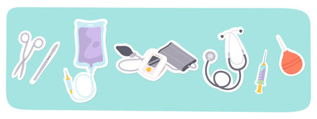 Stethoscope, syringe, IV drip medical hospital set. Blood pressure monitor, surgery scissors, scalpel stickers. Medicine, health care clinic, medication, treatment tools flat vector illustrationのイラスト素材