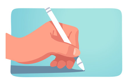 Hand writing holding digital pen sticker. Office worker, student or writer human person hand taking notes, signing closeup. Education, creativity, handwriting, business work flat vector illustrationのイラスト素材