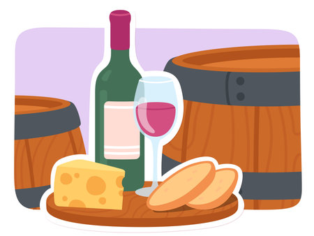 Wine tasting wineglass, bottle, cheese sticker. Red wine alcoholic beverage in glass on wooden tray, bread food, barrels. Alcohol drink production, winery, restaurant, bar flat vector illustrationのイラスト素材
