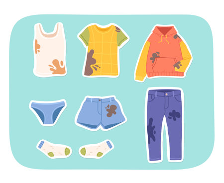 Dirty apparel clothes with stains sticker set. Hoodie, jeans, t-shirt, sock, shorts textile clothing with dirt. Garment washing, cleaning housework, hygiene cartoon collection flat vector illustrationのイラスト素材