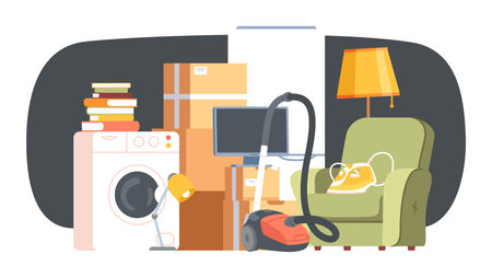 Furniture, cardboard boxes pile for relocation. Home appliances, books, house property packages ready for moving. Relocation delivery, transportation service sticker flat vector illustrationのイラスト素材