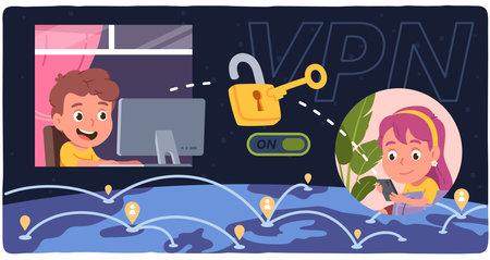 Virtual private network information security. Boy, girl kids people use secure VPN connection access internet technology on computer, mobile phone. Global online privacy protection concept vectorのイラスト素材