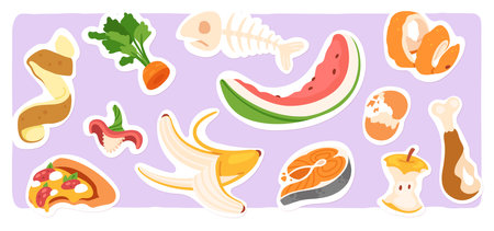 Organic food remains waste garbage set. Orange, banana fruit skin, potato vegetable peel, fish bone scraps leftovers trash collection. Rubbish recycle, disposal, ecology flat vector illustrationのイラスト素材