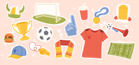 Soccer game sport championship fan sticker set. Football field, team t-shirt, scarf, whistle, ball, goal, tournament cup, foam hand, trumpet, hat. Competition match attributes flat vector illustrationのイラスト素材