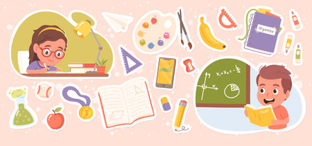 School children education equipment stickers. Student boy, girl kids persons do homework studying, learning math, books, pen, paints, ruler supplies. Knowledge concept flat vector illustration setのイラスト素材