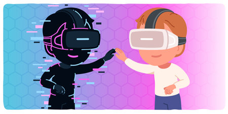 Boy kid in VR headset meeting his virtual shadow copy. Avatar child person wearing virtual reality glasses in 3d universe. Futuristic digital tech cyber space technology concept vector illustrationのイラスト素材