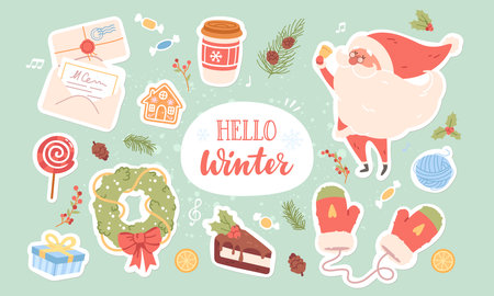 Hello Winter lettering on Christmas card. Xmas wreath decoration, Santa Claus, gift box, greeting letter, cake, mittens stickers set. New year winter holiday decorative background vector illustrationのイラスト素材