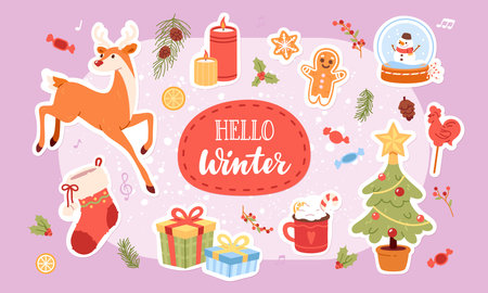 Hello Winter banner lettering on Christmas background. Xmas stocking, fir tree, reindeer, gingerbread cookie, gift, candles decorations stickers set. Winter holiday decorative card vector illustrationのイラスト素材