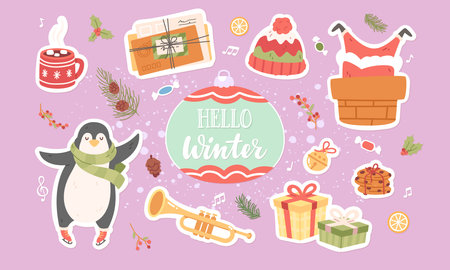 Christmas card banner, lettering on bauble Xmas. Gifts, Santa Claus in chimney, penguin, envelopes, mistletoe decorations stickers set. Winter holiday concept decorative card vector illustrationのイラスト素材