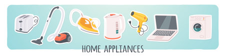 Electrical home appliance sticker set. Electronic laptop computer, washing machine, vacuum cleaner, iron, kettle, toaster domestic kitchen equipment. Household collection flat vector illustrationのイラスト素材