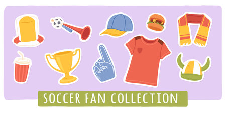 Soccer game sport championship fan sticker set. Football trumpet, team t-shirt, scarf, tournament cup, foam hand, hat collection. Competition match support attributes flat vector illustrationのイラスト素材