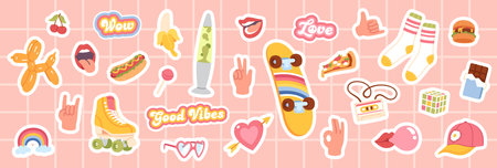 Cute hippie retro stickers set. Cherry, heart love symbol, rainbow, 70s roller skates, OK sign hand gesture, skateboard, food icons. Vintage old fashion summer collection flat vector illustrationのイラスト素材