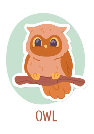 Cute owl bird animal perching on tree branch sticker. Funny wise brown owl cartoon character. Wild forest nature fauna, wisdom and school education symbol concept flat vector illustrationのイラスト素材